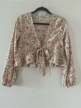 Sadie & Sage Cream Orange Floral Print Tie Front Blouse XS Cottagecore Romantic